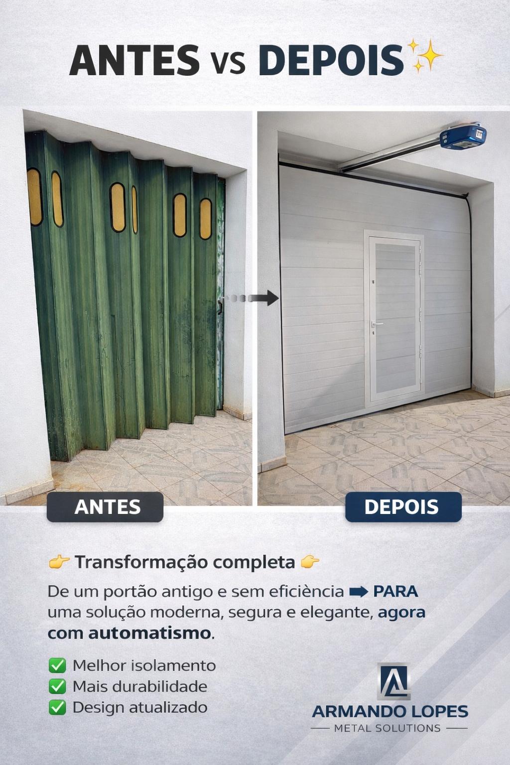 Antes e depois — transformação de portão antigo para porta seccionada branca